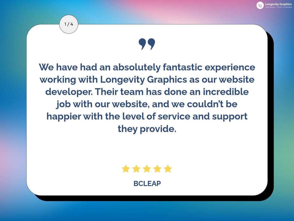LongevityWeb's tweet photo. We recently received this wonderful ⭐⭐⭐⭐⭐ review from BCLEAP. Read their comment below or visit them at https://t.co/7G8gkhj0wR

Much appreciated to them for their kind words and for choosing Longevity Graphics for their web design.

#grateful #thankful https://t.co/t85DEbmcdU