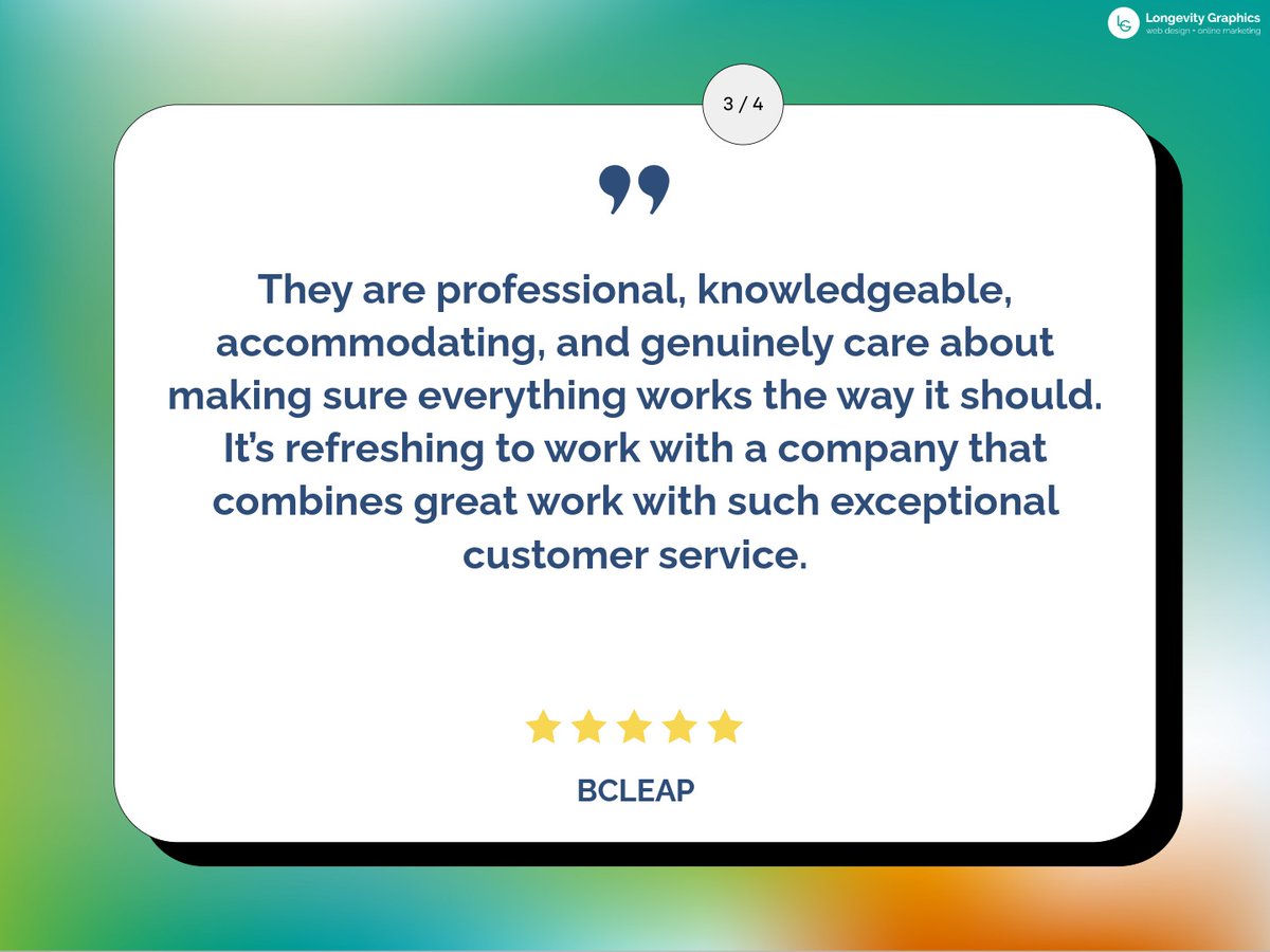 LongevityWeb's tweet photo. We recently received this wonderful ⭐⭐⭐⭐⭐ review from BCLEAP. Read their comment below or visit them at https://t.co/7G8gkhj0wR

Much appreciated to them for their kind words and for choosing Longevity Graphics for their web design.

#grateful #thankful https://t.co/t85DEbmcdU