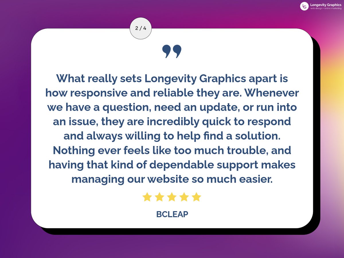 LongevityWeb's tweet photo. We recently received this wonderful ⭐⭐⭐⭐⭐ review from BCLEAP. Read their comment below or visit them at https://t.co/7G8gkhj0wR

Much appreciated to them for their kind words and for choosing Longevity Graphics for their web design.

#grateful #thankful https://t.co/t85DEbmcdU