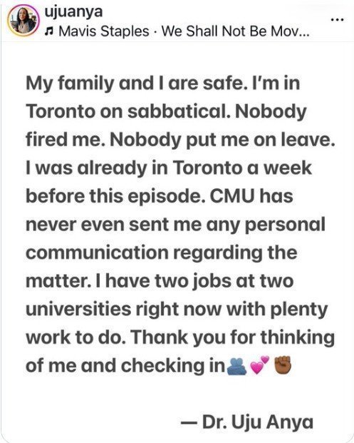DeAngelisCorey's tweet photo. Uju Anya says Carnegie Mellon hasn't even contacted her about her hateful posts.

Is this true, @CarnegieMellon?

Why did you turn off replies?

Why can't anyone get a hold of you? https://t.co/rc8hSHtwmi