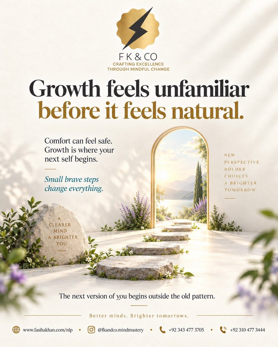 FkCoMindMastery's tweet photo. Growth feels unfamiliar before it feels natural.

Unfamiliar isn't wrong. It's just new.

Comfort can feel safe but growth is where your next self begins.

NLP Quad Certification starts 21 Oct 2026.
🔗 https://t.co/M95Qem5XHV

#NLP #MindMastery #FasihaKhan #Mindset #MentalHealth https://t.co/kdghx3E9gU