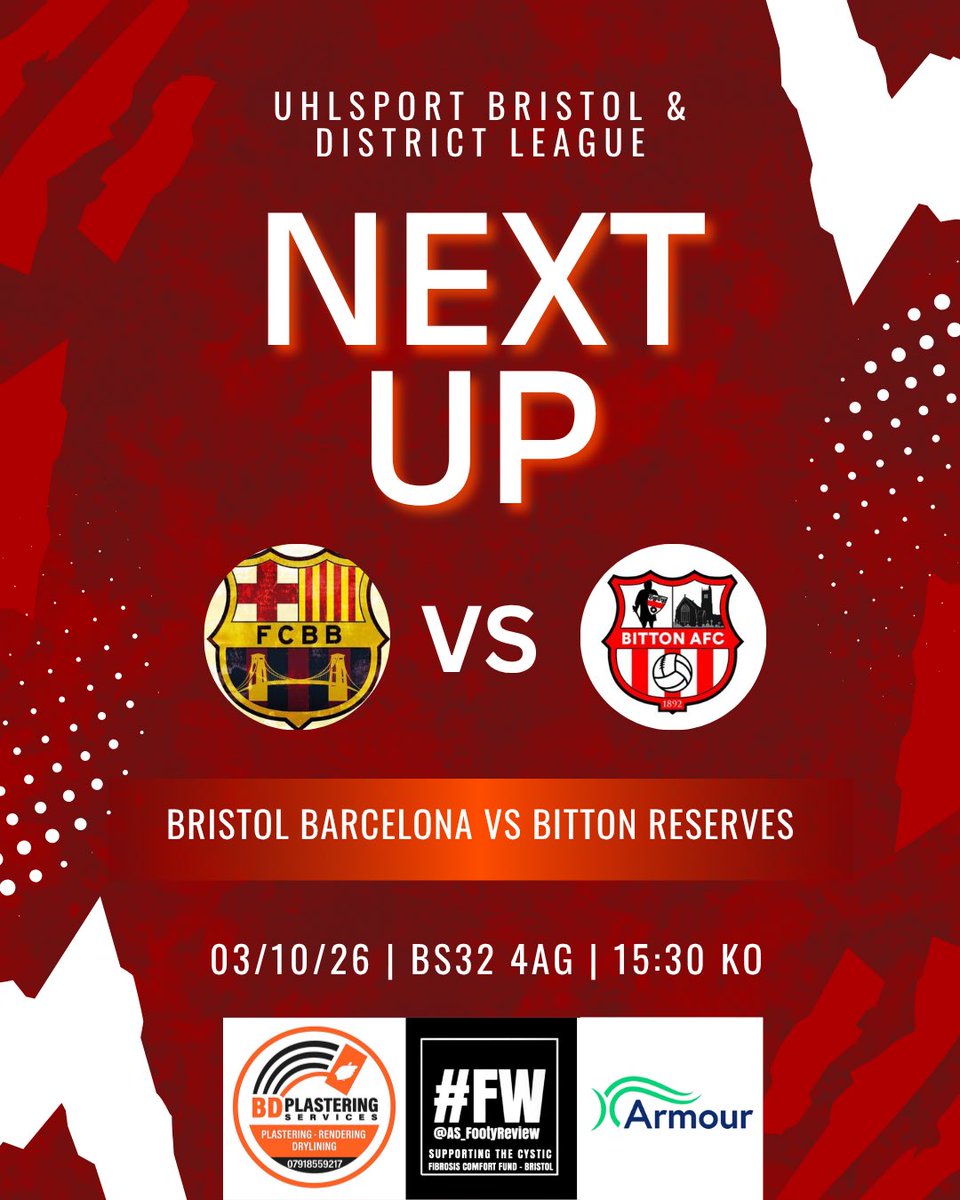 BittonReserves's tweet photo. Back in action this weekend on the road as we head to the GFA to face @BristolBarcaFC in the league ⚽️

🆚 Bristol Barcelona Reserves
🏟️ GFA (BS32 4AG) 
🏆 @_bdfl 
📆 03/10/26
⏰ 15:30pm KO

#UPTHETON🔴⚪️🔴⚪️ https://t.co/zqc7c9WDc6