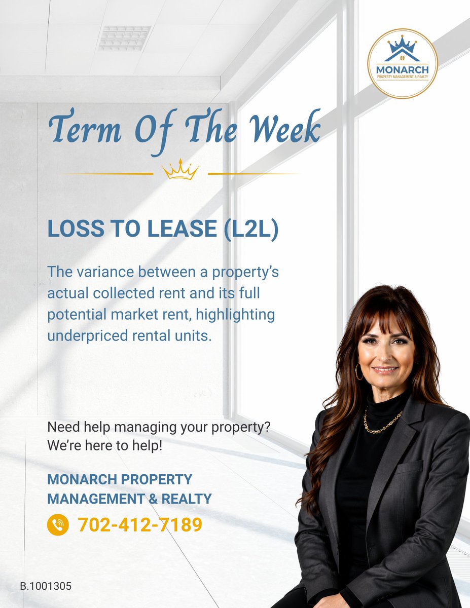 mgm_monarch's tweet photo. 👑 TERM OF THE WEEK: LOSS TO LEASE (L2L)

L2L is the difference between actual collected rent and a property’s potential market rent.

🏡 Know your numbers. Manage smarter.

📞 702-412-7189

#LossToLease #PropertyManagement #MonarchPM https://t.co/XJJ4BiYtl5