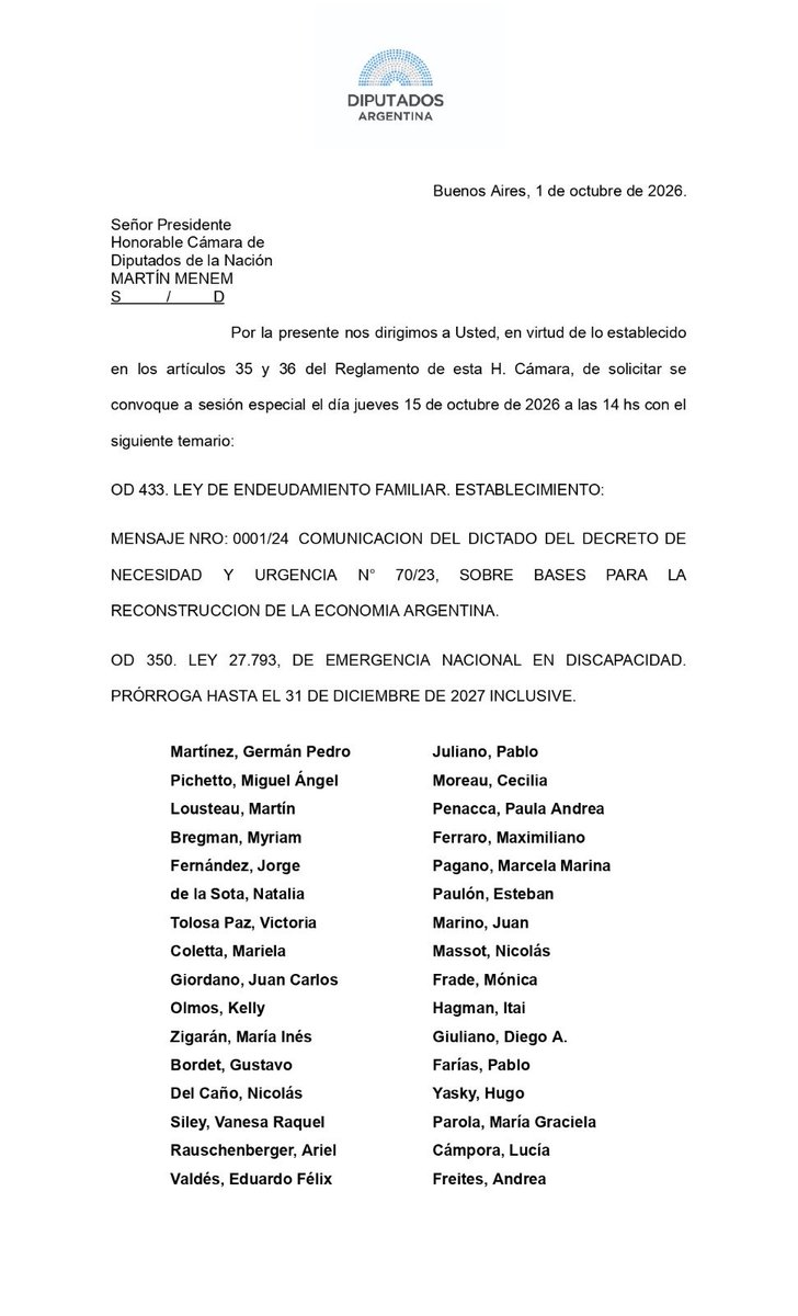 PabloJulianoLP's tweet photo. ¿Por qué sesionar el 15 de octubre?

Firmé el pedido de sesión más importante del año. Razones sobran. Porque queremos una ley que termine con el abuso al que están siendo sometidas seis millones de personas que tienen deudas pura y exclusivamente porque no les alcanza el salario para pagar gastos cotidianos.

Porque creemos que la Ley de Emergencia en Discapacidad, tantas veces vapuleada por el Gobierno, debe continuar hasta diciembre de 2027.

Y porque una sentencia de la Corte Suprema dejó abierta la posibilidad de que cualquier extranjero se compre “una provincia”, como predica el canciller Quirno. Para esto es necesario rechazar el DNU 70/23, un decreto a todas luces inconstitucional que reseteó la Argentina sin el aval del Congreso.

El Senado ya se expresó en 2024 y en Diputados no pudimos nunca juntar quórum. Creemos que llegó el momento de tomar cartas en el asunto. Si en tres años el Gobierno no envió leyes que suplanten ese DNU, es porque no está interesado realmente en el cuerpo normativo.