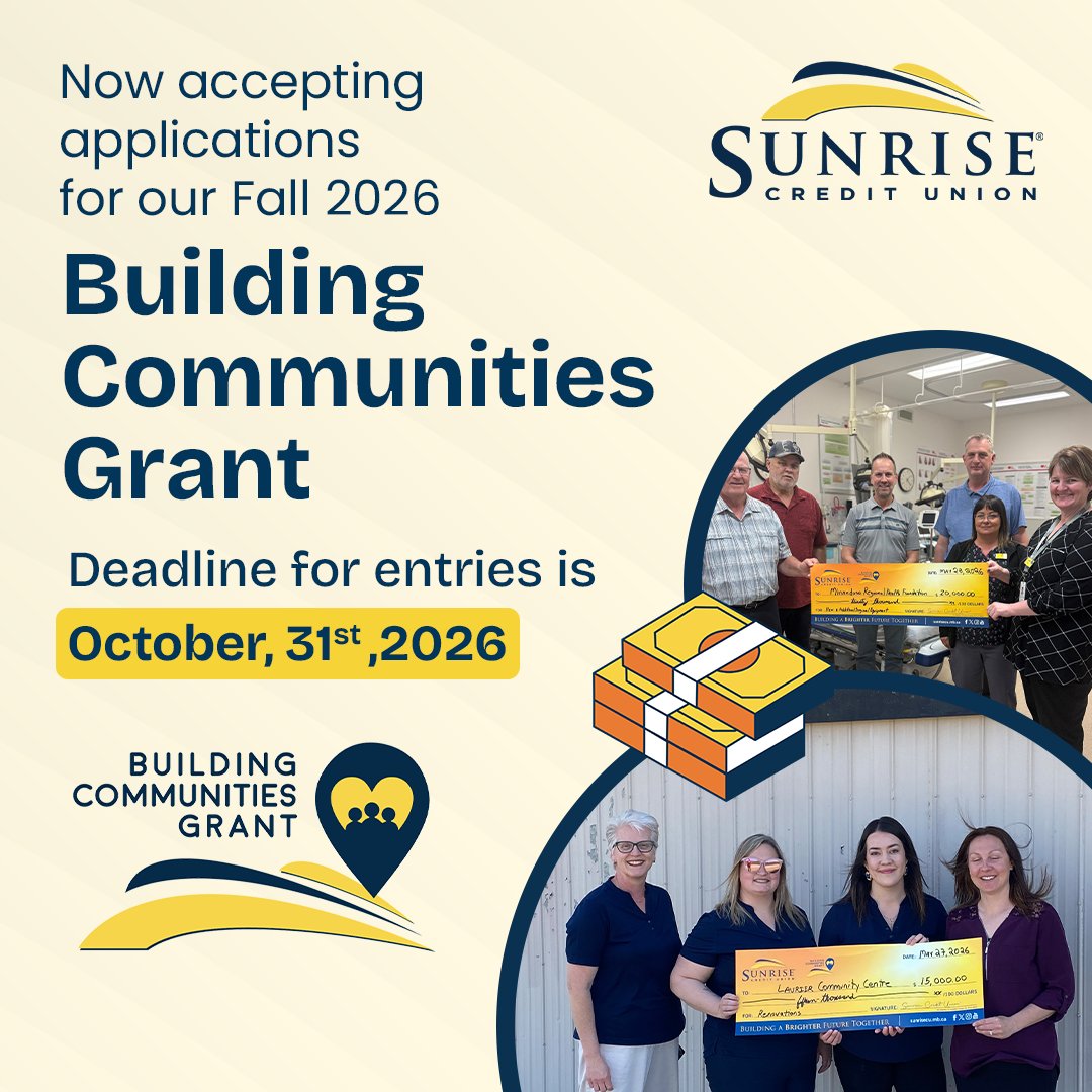 SunriseCU's tweet photo. The Fall 2026 application period for the Sunrise Credit Union Building Communities Grant is now open!

From now until October 31, communities and organizations can submit an application.

To apply, or to learn more about our grant program, visit https://t.co/tl0FBlU5zF https://t.co/FkFh8pXjAe