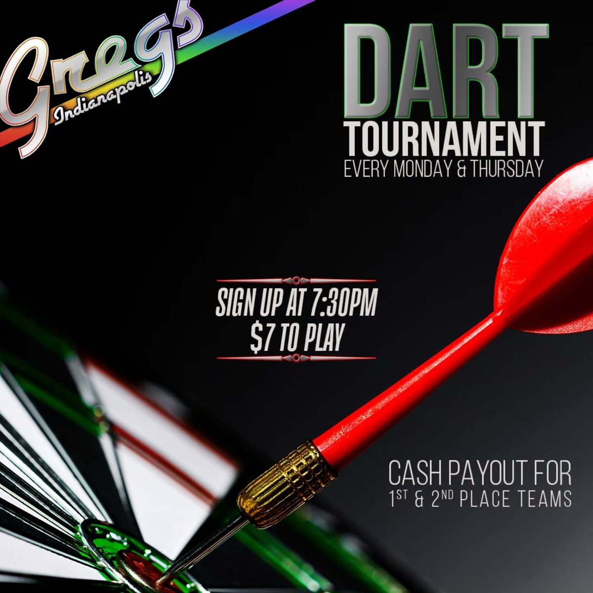 GregsOurPlace's tweet photo. TONIGHT!

Join our Thursday night dart tournament. Starting at 7:30pm.

$7 to play | Cash payout for 1st &amp; 2nd https://t.co/gP2vBMSzNF