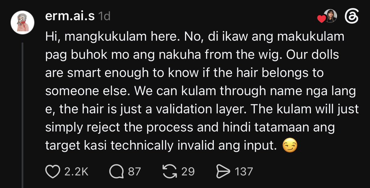 johongshua's tweet photo. may nagpost sa threads na possible ba daw siyang maging suspect if nagdonate siya ng buhok- ginawang wig tapos yung gumamit ng wig nagcommit ng crime at naiwan yung hair sa crime scene?

ang laff ko dun sa nagcomment about hairfall 🤣 https://t.co/dFUVeMFFXP