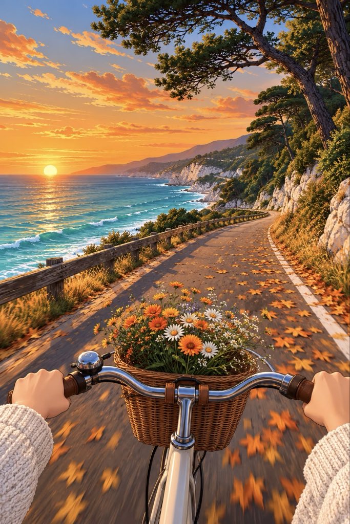 DesignWorld_x's tweet photo. Golden hour, wildflowers, and a road along the sea. 🌅🚲 https://t.co/GZVL4xmkHH