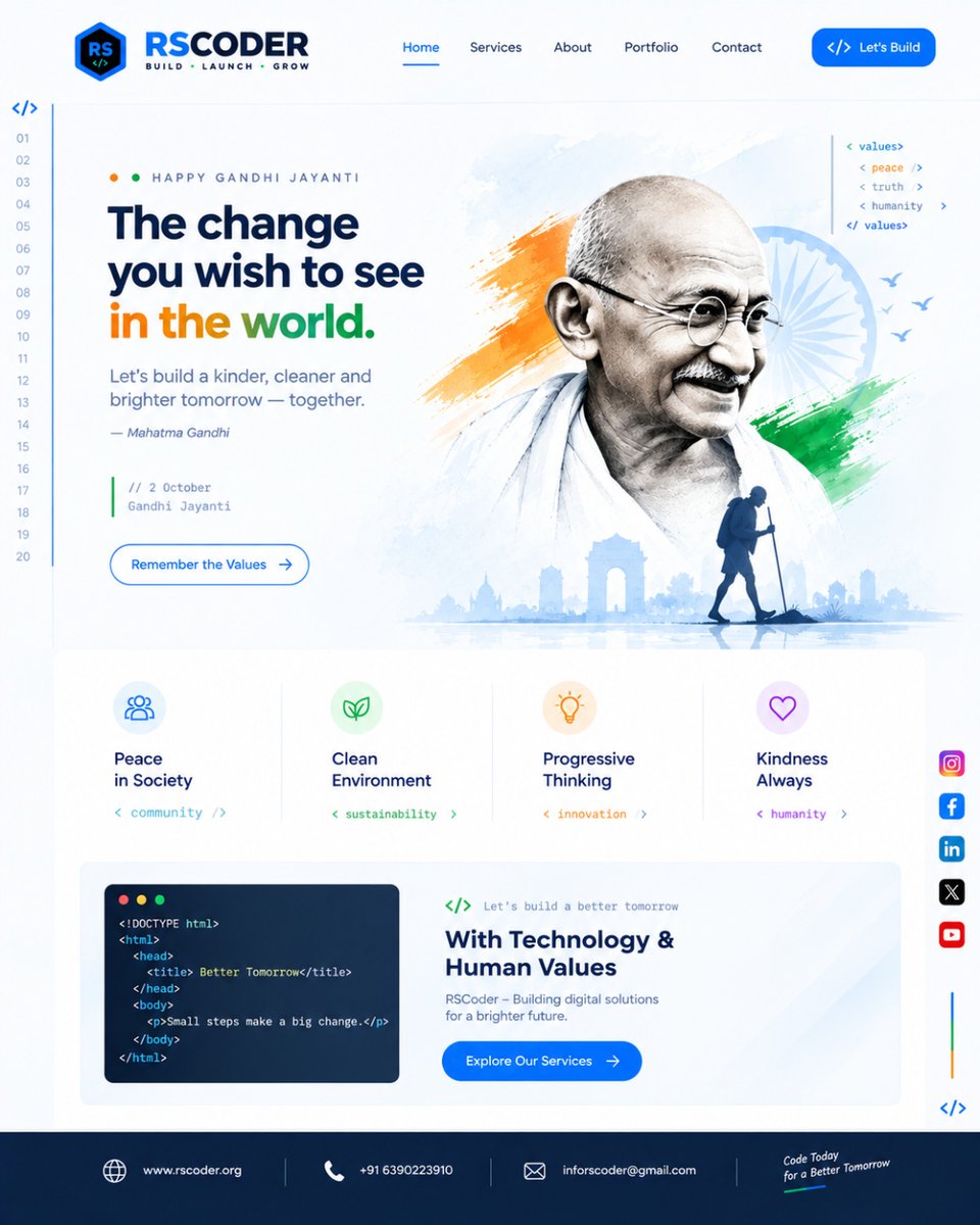 Rscoder8's tweet photo. 🇮🇳 Happy Gandhi Jayanti | 2 October 🕊️
A day to remember truth, peace, non-violence, kindness and humanity.

🌐 https://t.co/H4Sp5Svecz
📞 +91 6390223910

#GandhiJayanti #2October #MahatmaGandhi #Peace #Truth #Humanity #Technology #RSCoder https://t.co/sjhQRvRjy6
