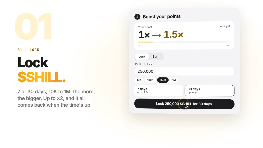 ImPushingTIP's tweet photo. Just locked some $SHILL for the boost.

You can lock for 7 or 30 days, or burn it if you’re feeling bold. Points on every coin get multiplied — up to 4x.

Kinda wild how much difference it makes once it’s active.

Check it: https://t.co/jgW3CDCqAZ → Clock in → Boost https://t.co/rtHwFLycsR