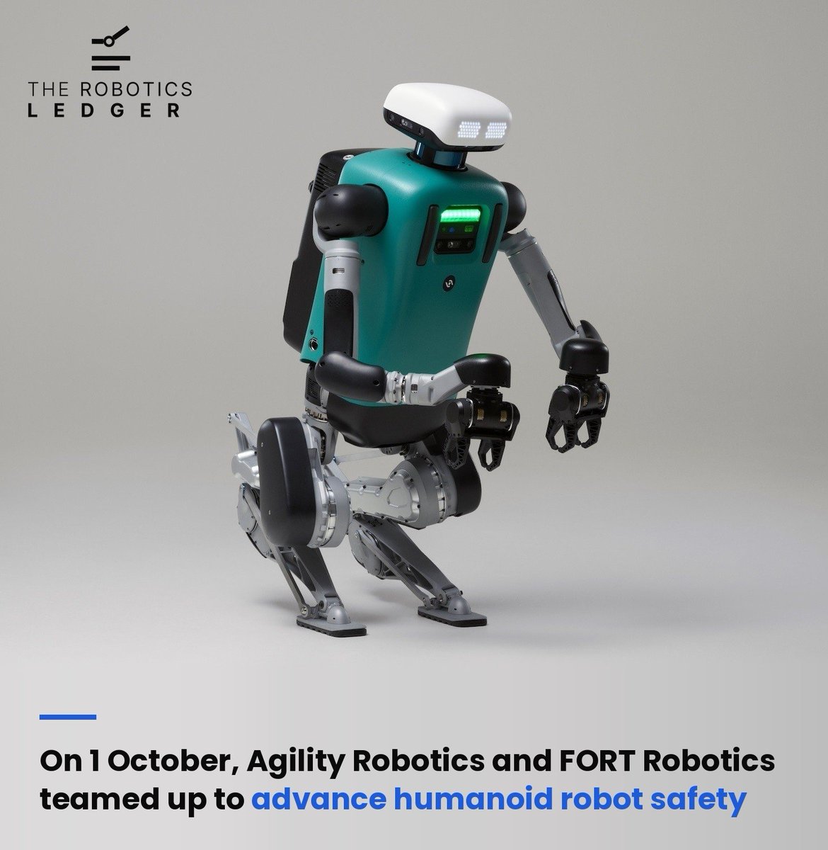 RoboticsLedger's tweet photo. On Oct 1, @Agility Robotics + @FORT Robotics partnered to advance safety for next-gen humanoid Digit 5 — combining onboard safety with e-stop &amp; facility systems to enable safer deployment in warehouses, manufacturing &amp; logistics. https://t.co/0iR1gmZek8