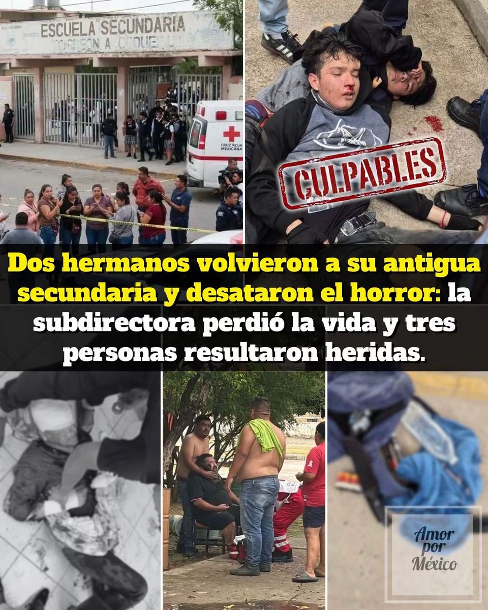 HtTrejo's tweet photo. << Dos hermanos de 18 años, ambos exalumnos, irrumpieron en la Secundaria Número 13 del ejido La Unión, en Torreón, Coahuila, y agredieron a personal administrativo y estudiantes.
🥺 El ataque dejó un saldo devastador: la subdirectora del plantel perdió la vida y otras tres personas resultaron herudas, entre ellas aparentemente dos alumnos; uno de ellos se encuentra en estado grave de salud.
⚠️ Tras el atroz acto, los señalados como responsables presuntamente fueron sometidos y detenidos por vecinos y padres de familia, quienes habrían intervenido antes de que los jóvenes quedaran a disposición de la autoridad ministerial.
👮 El fiscal general de Coahuila, Federico Fernández Montañez, informó que se usaron armas blancas y una especie de petardos.
👉 Otros testimonios indican que los jóvenes presuntamente habrían ingresado encapuchados y portando machetes y petardos(explosivos), información que todavía deberá ser corroborada por las autoridades.

🔎 Sobre el posible motivo del ataque, el fiscal reveló que los detenidos manifestaron de manera preliminar que existía un tema de “sentimientos contra el plantel”. Las autoridades continúan investigando qué ocurrió anteriormente y qué los llevó a regresar a su antigua escuela.

👮‍♂️ El plantel fue resguardado, los estudiantes quedaron bajo protección y continúan los peritajes, entrevistas y declaraciones para reconstruir exactamente lo sucedido.

🕊️ Una mañana de clases terminó convertida en tragedia, descanse en paz la subdirectora y pronta recuperación a los heridos.
⚖️ Que este caso se investigue hasta las últimas consecuencias y haya justicia para la víctima, los estudiantes lesionados y sus familias. Si se acredita la responsabilidad de los jóvenes detenidos, que enfrenten con todo el rigor que establezca la ley las consecuencias de sus actos. Un hecho de esta gravedad no puede quedar impune.>>
#amorpormexico #Justicia #Indignante #Coahuila #mexico

Crédito de la nota y foto a su autor.