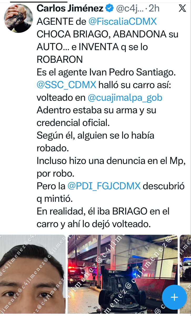c4jimenez's tweet photo. ABANDONANDO el AUTO CHOCADO… PARA INVENTAR q SE LO ROBARON
Es el agente de @FiscaliaCDMX Ivan Pedro Santiago.
Así lo captaron distintas cámaras luego de q chocó borracho y abandonó su auto con su arma y credencial oficial.
Después denunció en el MP q se lo habían robado.
La @PDI_FGJCDMX descubrió toda su mentira.