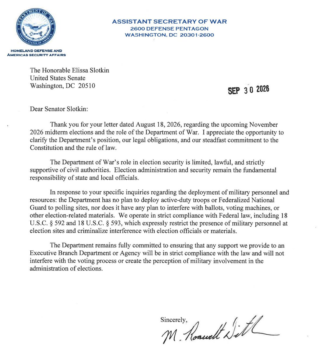 DemocracyDocket's tweet photo. NEW: A Department of Defense official wrote in a letter there are no plans to deploy active-duty troops to the polls or "interfere" with election-related materials.

But the response brings little comfort as top Trump administration officials have refused to rule out the option for the fall.