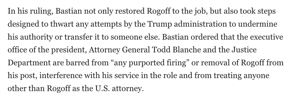 eorden's tweet photo. Trump doesn't have the power to fire court-appointed U.S. attorneys, a federal judge ruled. Judge ordered that Roger Rogoff, whom Trump purportedly fired, has been U.S. attorney since July. Also barred Trump/DOJ from interfering w/Rogoff's authority.

https://t.co/r1WQiHfF4M https://t.co/MOVHFklhSj