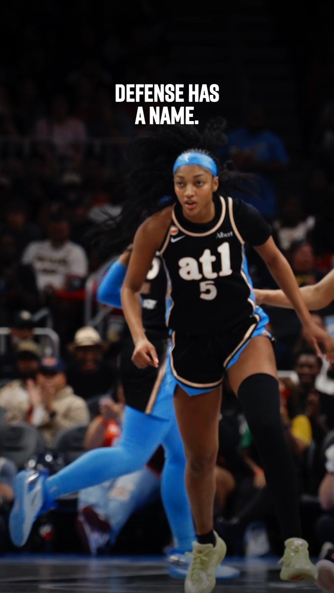 A female basketball player wearing an Atlanta Dream (atl) jersey with the number 5 runs down the court, overlaid with the text 'DEFENSE HAS A NAME.'