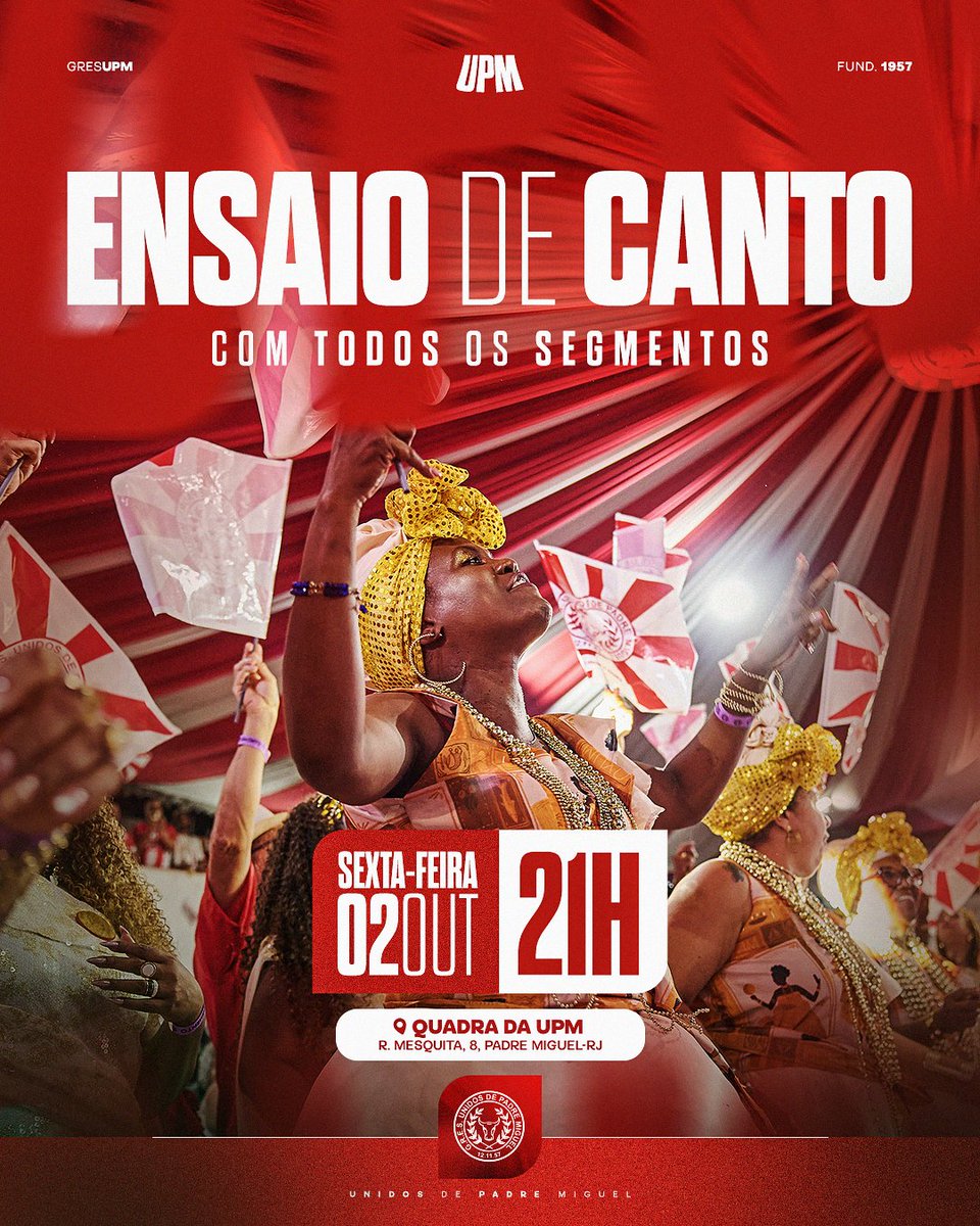 GRESUPM's tweet photo. Sexta-feira tem encontro marcado na nossa casa! 

Vamos reunir todos os nossos segmentos para nosso primeiro ensaio de canto, rumo ao Carnaval 2027! ��
Marca aqui quem não pode faltar nesse ensaio! 👀❤️🤍

#UnidosDePadreMiguel #UPM #BoiVermelho #Carnaval2027 #VilaVintém https://t.co/yj8Gi24Bv0