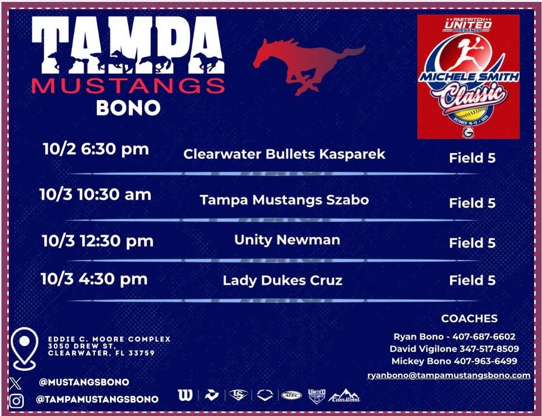Avery_Bray1023's tweet photo. Excited for the Michele Smith Classic with my Tampa Mustangs-Bono girls! Field 5 Friday & Saturday. 
Can’t wait to take the field with my teammates! 🥎🔥

@TKreahling @FSU_Softball @FSUCoachTW @Coach_Alameda @UACoachMurphy @clemsonsoftball @UCF_Softball @CoachBallMalone @USFSoftball @Vol_Softball @TexasSoftball @AggieSoftball @SaintLeoSB @TexasTechSB @UGASoftball @GaTechSoftball @DukeSOFTBALL @DukeCoachYoung