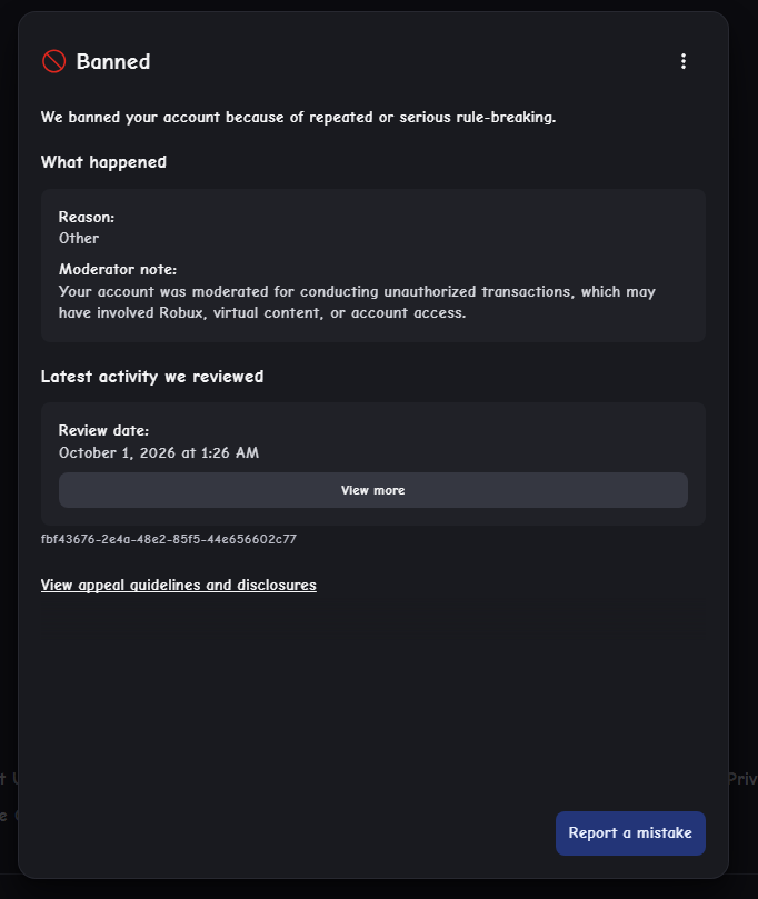 hip_justin's tweet photo. Recently got terminated or banned off the platform, I've never ever seen this message before? I need serious help, some people say i got banned for hacking into accounts, buying robux off people? I seriously need help, the last thing i did on roblox was use the 40% method #roblox https://t.co/9QhMdCT2e0