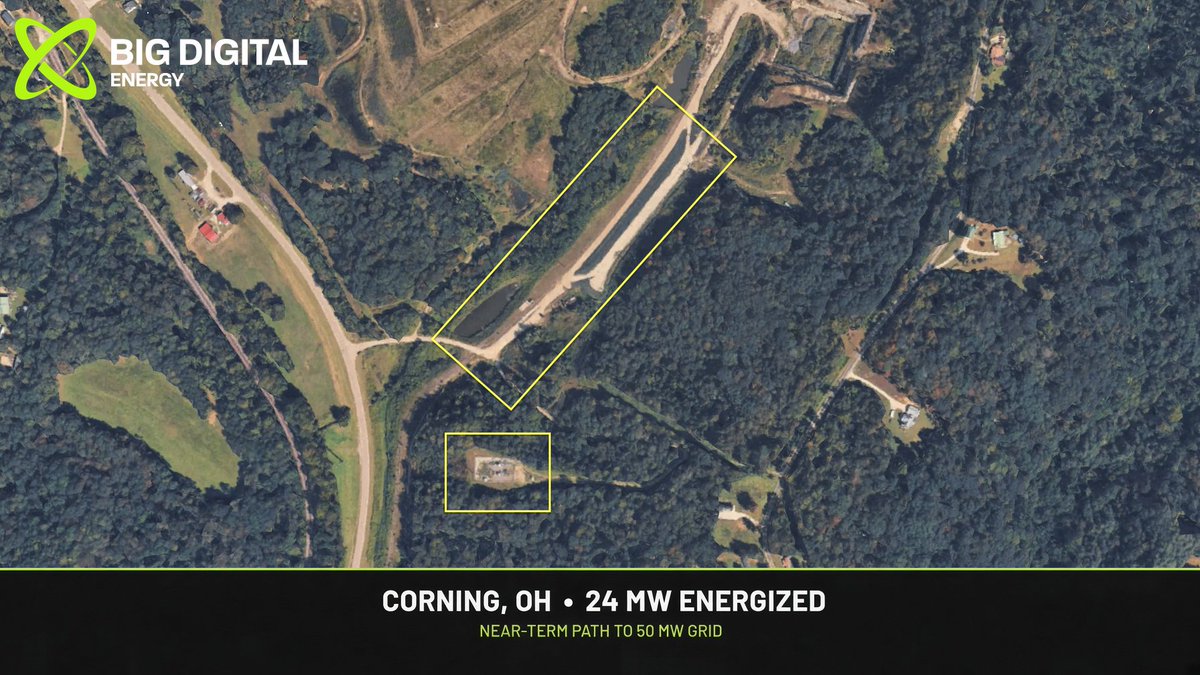 BigDigital's tweet photo. Corning, Ohio. Perry County.

🔰 24 MW grid-connected in PJM. Long-term site lease through April 2033.

🔰 Path to 50 MW, subject to additional infrastructure.

🔰 Part of 169 MW currently operating across four sites.

$BGDE https://t.co/YklZ8n6lln