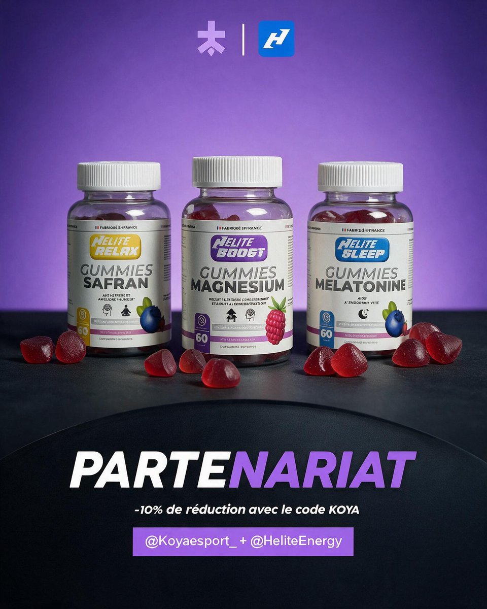 Koyaesport_'s tweet photo. 🤝 KOYA ESPORT x HELITE ENERGY 

Nous sommes fiers d’officialiser notre partenariat avec @HeliteEnergy, une marque française de gummies pensée pour accompagner votre bien-être au quotidien.

Avec ses différentes gammes, Helite Energy propose des solutions adaptées à chaque moment :

⚡ Boost — gummies au magnésium et à la vitamine B6 pour accompagner l’énergie et la vitalité.

🌿 Relax — gummies au safran et à la vitamine B6 pour favoriser la détente et aider à mieux gérer les journées chargées.

🌙 Sleep — gummies à la mélatonine pour accompagner la routine du soir et l’endormissement.

Les produits Helite Energy sont fabriqués en France et proposés sous forme de gummies, pratiques à intégrer dans une routine quotidienne.

Profitez de 10% de réduction sur votre commande avec le code KOYA.

Merci à HeliteEnergy pour sa confiance. Nous sommes heureux de commencer cette collaboration et de construire ensemble ce nouveau chapitre 💜

#KOYAEsport #HeliteEnergy