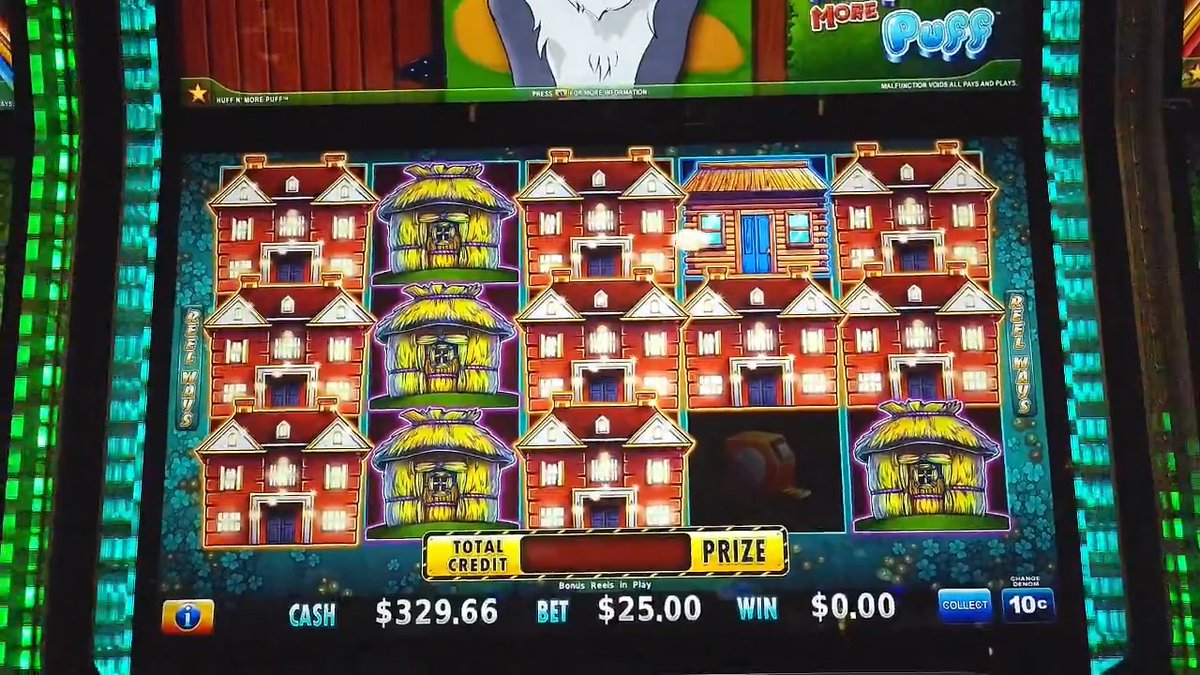 A slot machine screen displaying the game 'More Puffs' with red brick houses and straw huts as symbols, showing Cash $329.66, Bet $25.00, and Win $0.00.