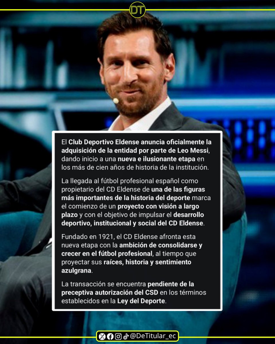 detitular_ec's tweet photo. 🇪🇸🚨 Lionel Messi fue confirmado como nuevo propietario del CD Eldense, de España, según anunció el club.

De esta manera, el argentino suma su segundo equipo bajo propiedad, tras el UD Cornellà. https://t.co/iRhlnwLnI3