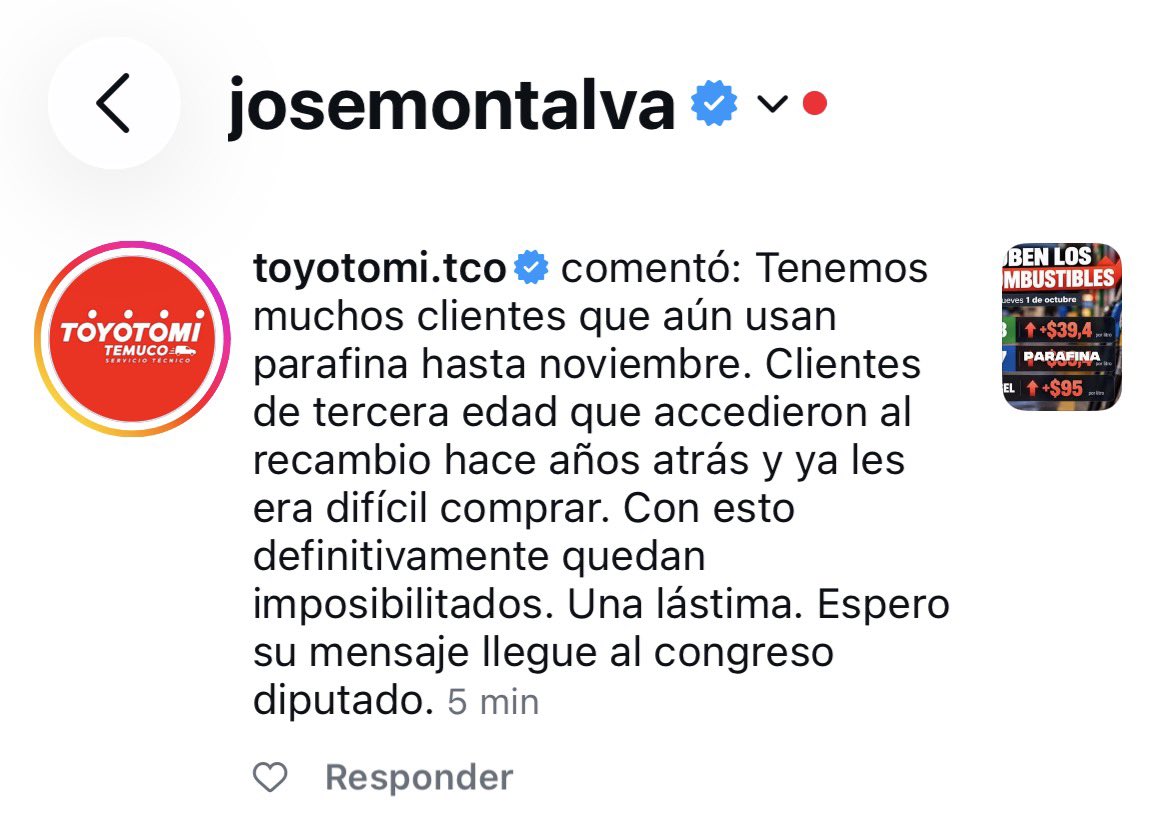 josemontalva's tweet photo. Ministro Quiroz, lea lo que nos escribe Toyotomi Temuco, tienen clientes que usan parafina hasta noviembre y adultos mayores que ya tenían dificultades para comprarla.

Antes de minimizar el problema, escuche a quienes lo viven. El frío del sur no termina por decreto. https://t.co/6tty7THFKR
