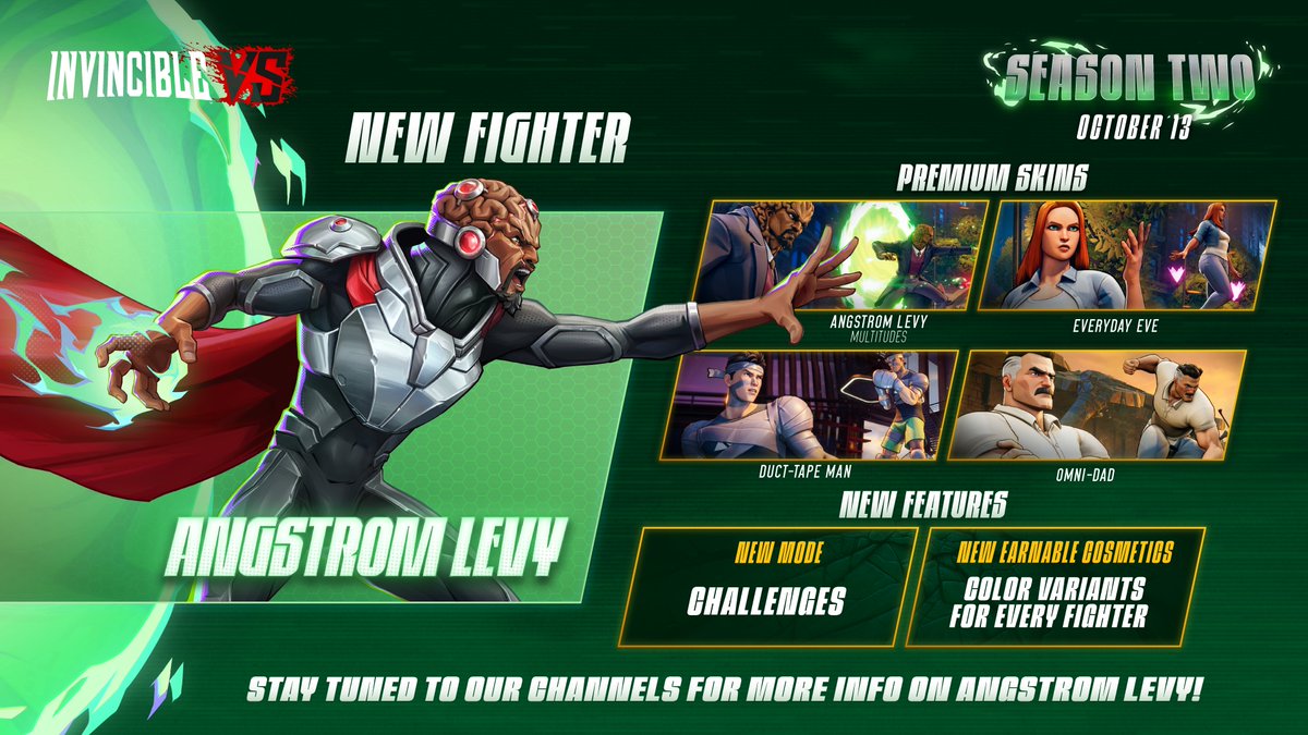 InvincibleVS's tweet photo. Angstrom Levy is ready to wreak havoc in Invincible VS Season 2. 

New mode &amp; new earnable cosmetics. 

The fun begins October 13th! https://t.co/ZNd1GPQIUg
