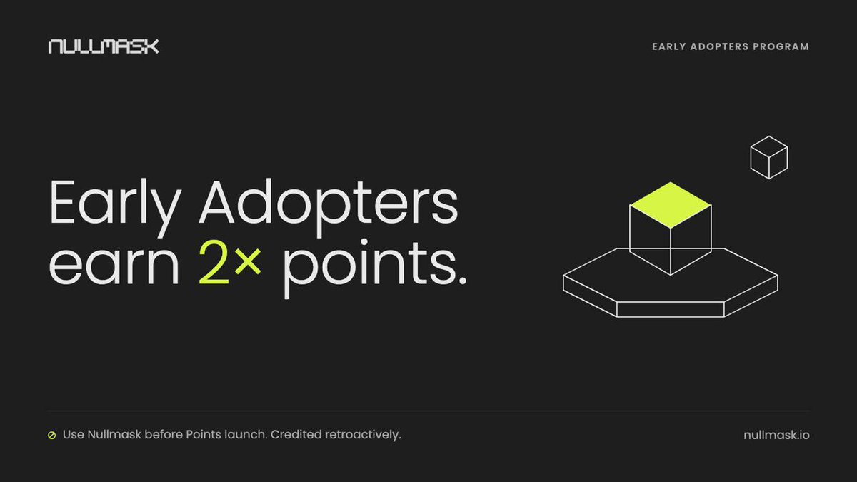 NullMaskio's tweet photo. Early Adopters Program

Nullmask Points launch next week. Anyone who uses Nullmask from launch day is an Early Adopter: their activity is credited retroactively, so they start the Points program with a balance, not from zero.

Window
Opens at product launch. Closes at the Points launch block. The exact block height will be published when Points go live.

What counts
Private transfers and swaps completed through Nullmask during the window, weighted by volume and genuine use. Exact weightings are not published to keep the program resistant to farming. Self-transfers, circular flows (e.g., repeated shield/unshield of the same funds), and activity across linked wallets do not qualify.

Early Adopter multiplier
All qualifying activity in the window earns 2× the standard rate.

Attribution
Points are credited to the signing key used with Nullmask, not to any on-chain address. No transaction details are made public, and Early Adopter credit does not alter what is visible on-chain.

No action required
There is no registration or claim step. Early Adopter points appear in your dashboard on Points day one.

Limits
A per-wallet cap applies to Early Adopter points. Nullmask reserves the right to adjust weightings or exclude activity for the Early Adopter window where it is inconsistent with genuine use.