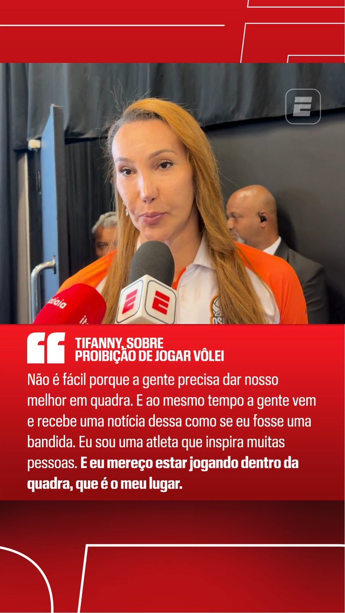 The image displays an Esportes (Espn Brasil) news graphic featuring volleyball player Tifanny being interviewed at the COB Supersedes Esporte launch event, with the headline "TIFANNY, SOBRE PROIBIÇÃO DE JOGAR VÔLEI" and her quote defending her right to play, stating "I am an athlete who inspires many people. And I deserve to be playing on the court, which is my place."