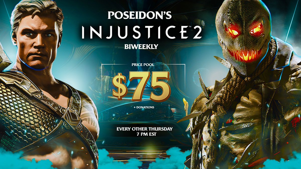 Poseidonssb1's tweet photo. The next Poseidon's Biweekly Injustice 2 tournament is today at 7 pm est! $75 starting prizepool, open to anyone on the globe as long as you play on a playstation 4 or 5. Link to signup in replies! https://t.co/RvKM1INkde