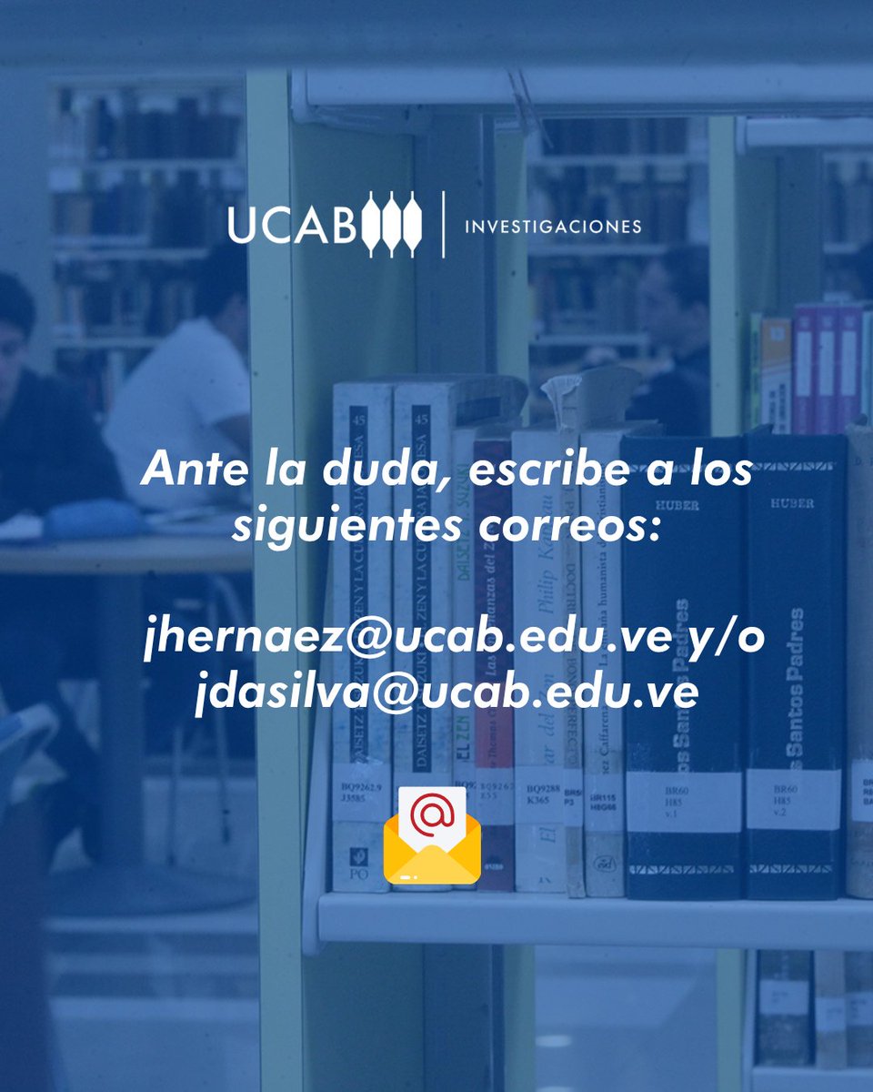InvestigaUCAB's tweet photo. Docente investigador #UCAB 📢

Postula tu producto académico para el Premio a los Trabajos de Investigación y de Ensayo del personal docente de investigación de la #UCAB desde el #4Sep al #6Nov

Escribe a los correos📩jhernaez@ucab.edu.ve | jdasilva@ucab.edu.ve https://t.co/gaUQ8topQ2