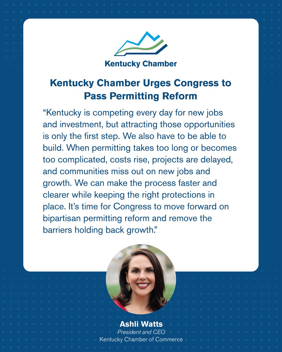 KyChamber's tweet photo. Projects can spend years navigating the federal permitting process — adding costs, delaying investment, and holding back opportunities across the country.

Now, bipartisan Senate leaders have introduced the American Affordability and Jobs Act, a permitting reform package aimed at creating clearer timelines, making the process more efficient, and helping projects move forward while keeping important protections in place.

The Kentucky Chamber joins chambers from across the country in urging Congress to pass bipartisan permitting reform.