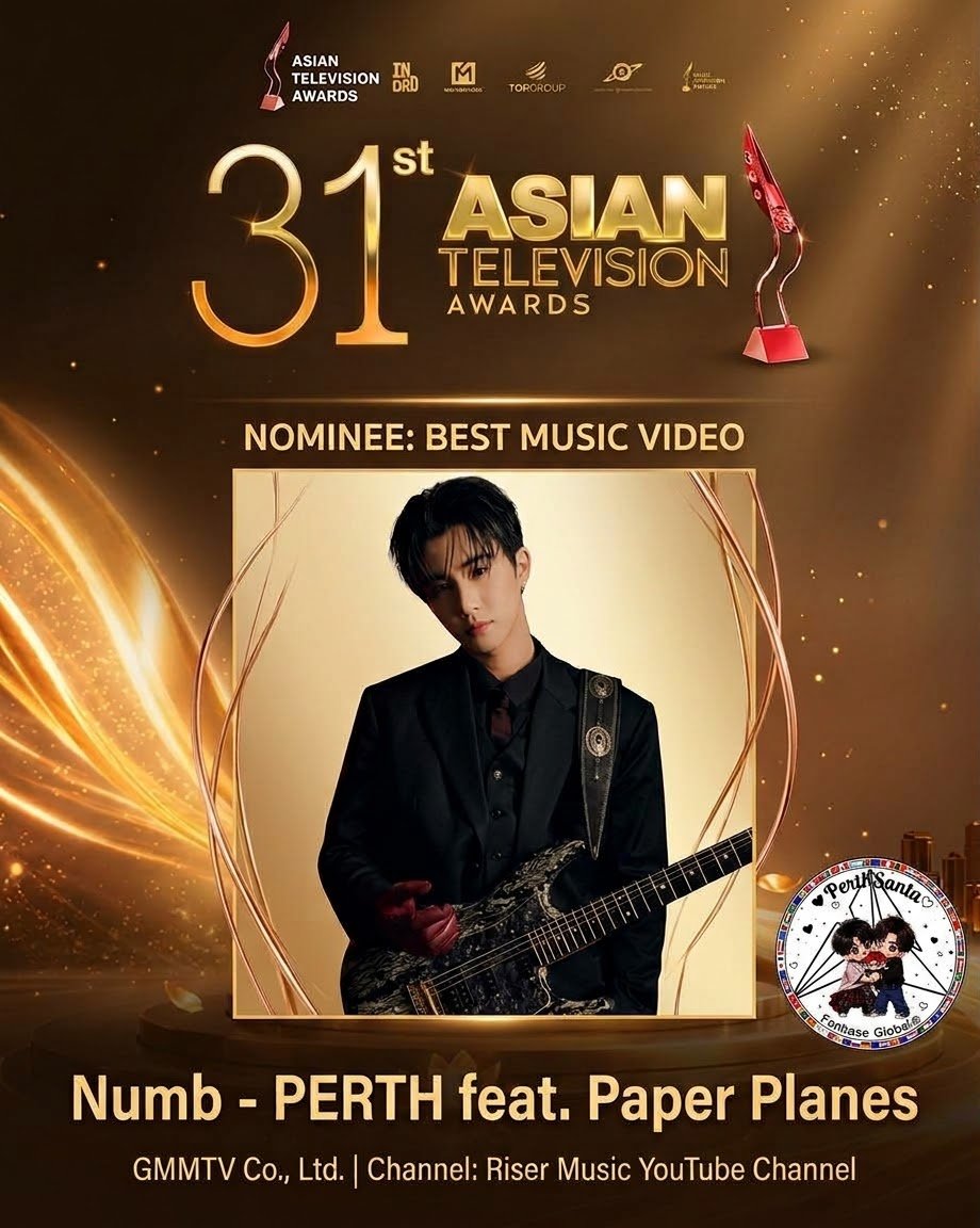 PSGlobalFanbase's tweet photo. 🏆✨ ANOTHER MILESTONE, ANOTHER REASON TO BE PROUD! ✨🏆

Our Perth has officially been nominated at the "31st Asian Television Awards 2026" in the category of "BEST MUSIC VIDEO" for:

🎸 “Numb” – PERTH feat. Paper Planes

A recognition that celebrates the talent, dedication, and artistry behind this incredible musical project. Seeing Perth's work reach this stage is a moment of immense pride for everyone who has been supporting his journey. 🖤

CONGRATULATIONS, PERTH! WE'RE SO PROUD OF YOU! 🏆

#AsianTelevisionAwards2026 #PerthTanapon