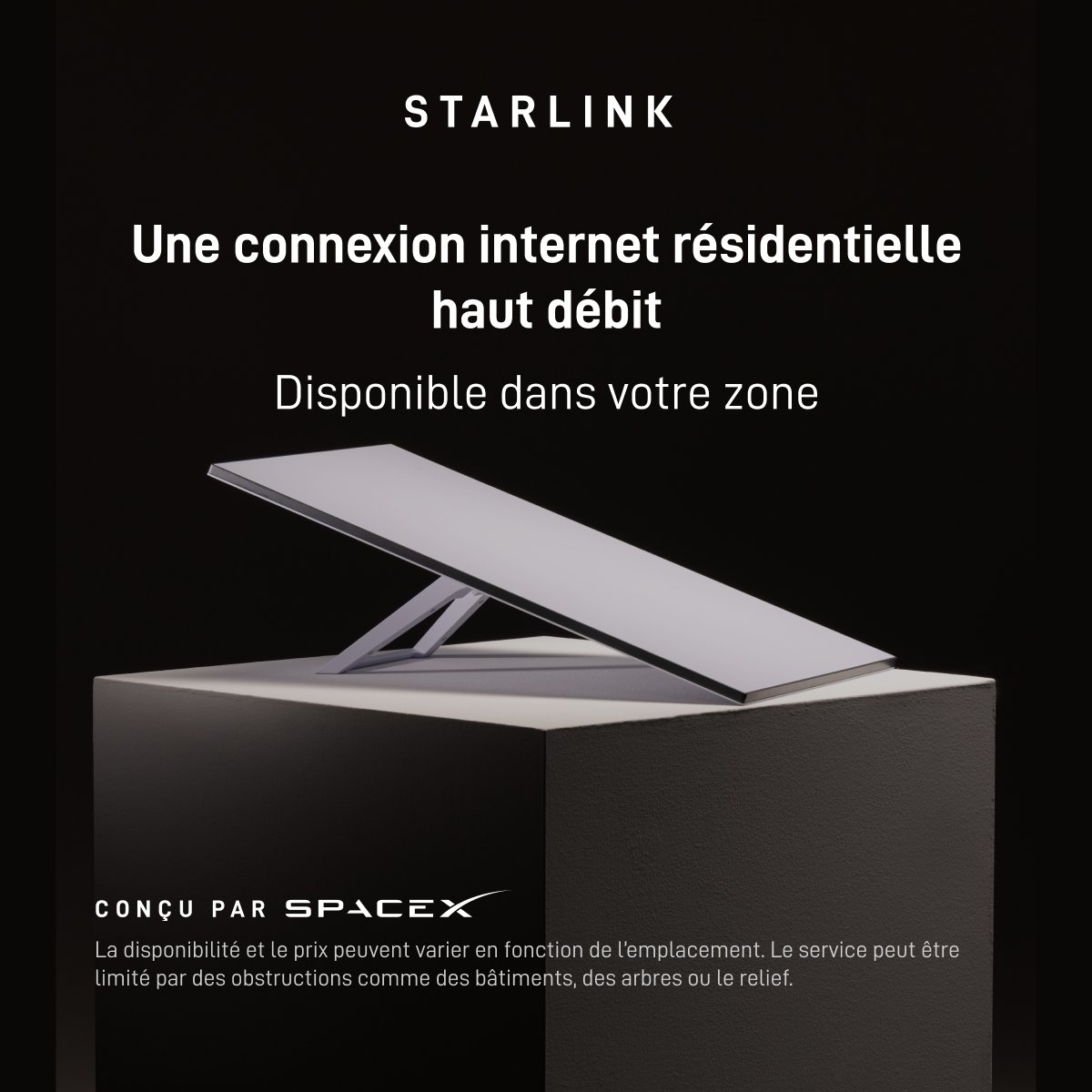 Starlink's tweet photo. Profitez d’une connexion internet résidentielle rapide et fiable pour regarder du contenu en streaming, travailler à domicile, jouer en ligne et plus encore, sur plusieurs appareils.

Commandez en ligne en quelques minutes.