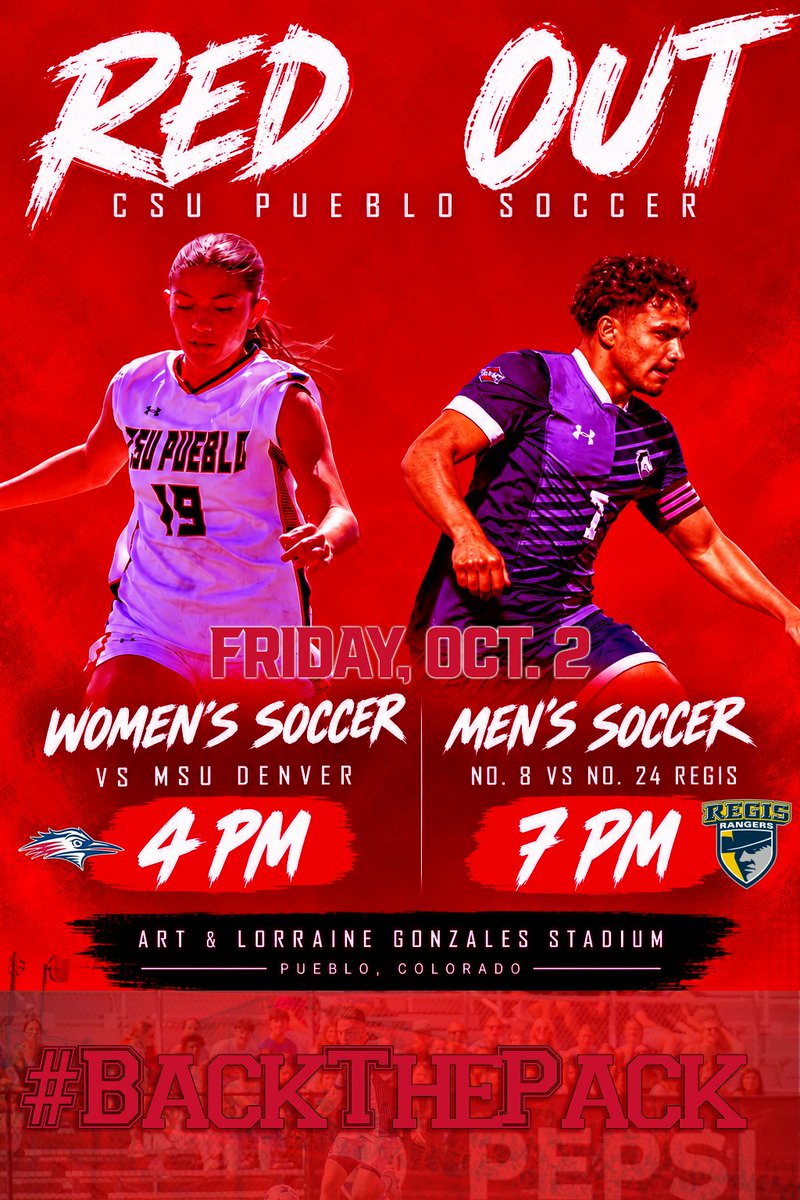 gothunderwolves's tweet photo. 🐺⚽ A BIG WEEKEND AHEAD AT ALG!

🔴FRIDAY | RED OUT
Wear RED and come out as the women play MSU Denver at 4 PM before No. 8 Men’s Soccer takes on No. 24 Regis at 7 PM

⚽SUNDAY | PUEBLO RANGERS DAY
Pueblo Rangers players, wear your team jersey for FREE admission and #BackThePack https://t.co/BswLIqOoRh