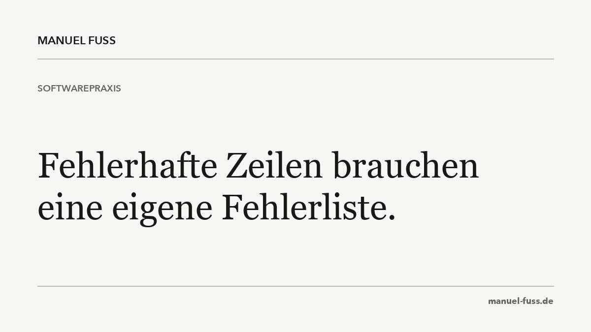 Fu13M's tweet photo. Beispiel: 997 Zeilen geprüft, 3 fehlerhaft. Mein Wunsch an einen Import: Zeilennummer, betroffene Spalte und verständlicher Fehlergrund in einer eigenen Liste. Dann können die drei Zeilen gezielt korrigiert werden. Ein roter Balken erklärt dafür zu wenig. https://t.co/3jZRW6PAW3