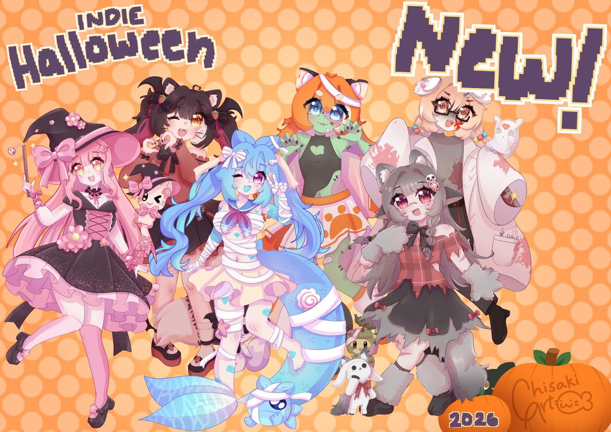 ChisakiArt's tweet photo. 🎃⭐️NEW SPOOKY MERCH⭐️🎃
i have LIMITED FANMADE Halloween merch of some cuties!
I drew Essie, Pillowdear, Miyuora, Raki Kazuki, Toffee, and Lazuli in halloween costumes! 
Sales end November 1st! <3 link + details below! 🦭🧡🖤 https://t.co/4ovf9w1U8S