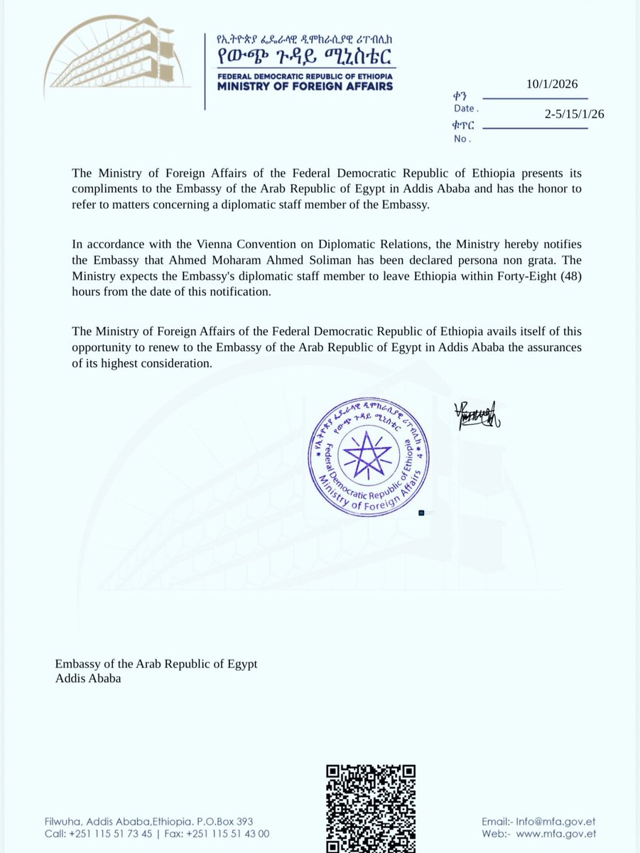 RocketMan_902's tweet photo. Ethiopia has ordered Egyptian diplomat Ahmed Moharam Ahmed Soliman of the Egyptian Embassy in Addis Ababa persona non grata and ordered him to leave the country within 48 hours. https://t.co/CcaLBEUIPf