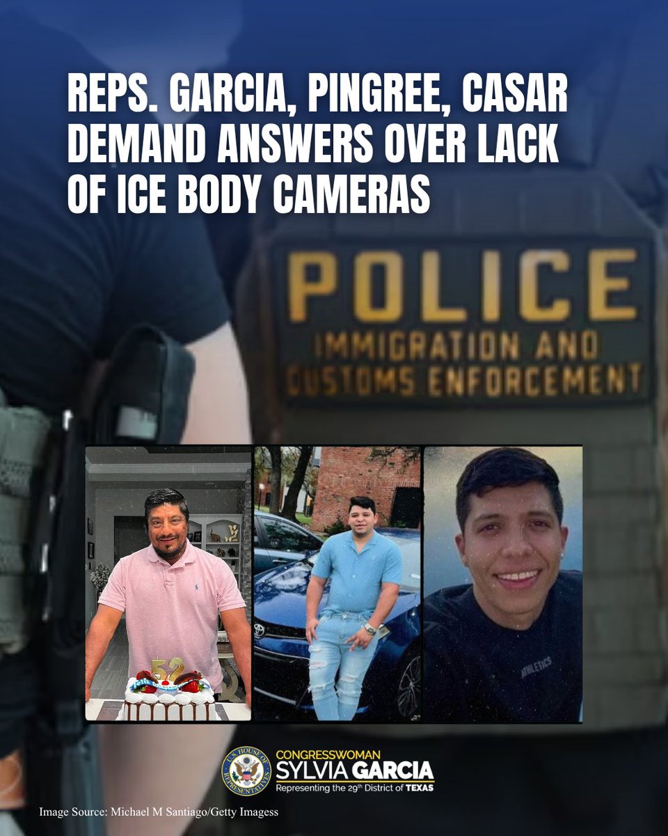 RepSylviaGarcia's tweet photo. Congress has provided more than enough funding for body-worn cameras. So where are they?

I, along with @RepCasar and Rep. @chelliepingree, sent a letter to DHS and ICE demanding answers about the lack of body cameras during recent ICE shootings.

Lorenzo Salgado Araujo was killed by ICE in my district, and our colleagues have faced serious ICE shootings in their own communities. In these cases and many others, body camera footage was not available to provide the transparency families and the public deserve.

DHS and ICE need to explain why agents in the field still are not consistently equipped with and using body cameras. Americans are tired of waiting.