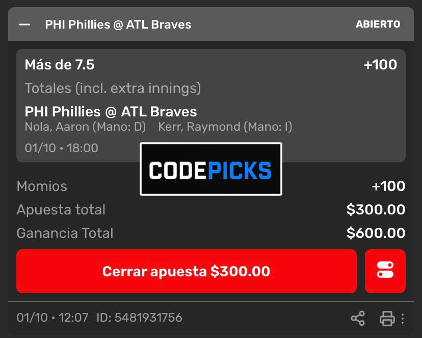 CodePicksMx's tweet photo. 🔥JUEGO 3 — TODO O NADA 🔥
PHI Phillies 🆚 ATL Braves
OVER 7.5 CARRERAS ⚾️
Hoy no hay mañana.
¿Llegamos a las 8 carreras? 🟢🔴
#MLB #MLBPlayoffs #Phillies #Braves #CodePicks https://t.co/5iFrQXBvTt
