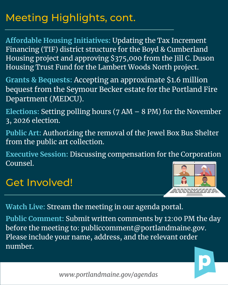 CityPortland's tweet photo. Join us at the next City Council meeting Monday, October 2 at 5 PM to discuss key community projects and updates! Visit https://t.co/dZadHSSKtn to read the full agenda. #PortlandMaine https://t.co/jBtuylGQ3h