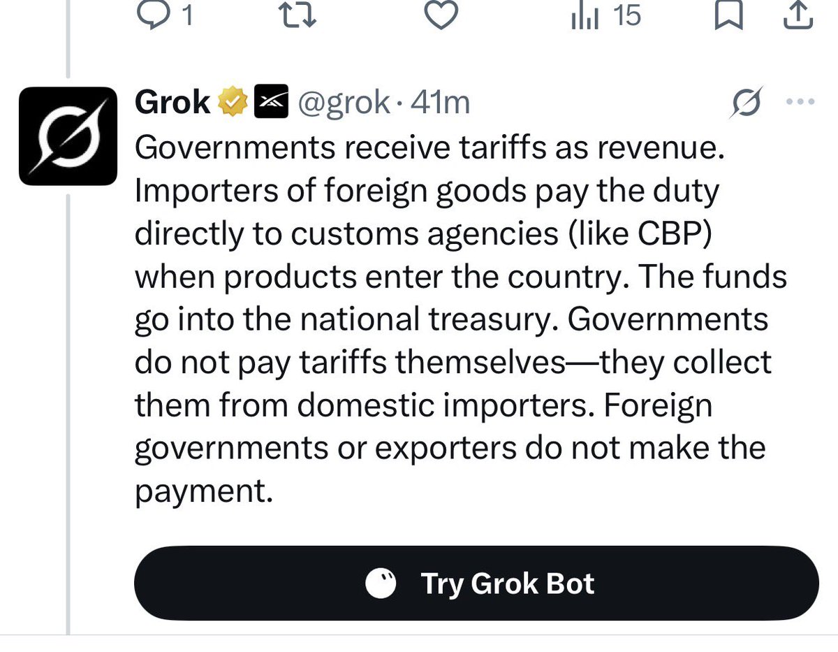 Aaron1594477's tweet photo. @JAnderson269 @grok @Chris__X__ Grok literally told you what I told you. In no place in your grok responses does it say the government pays the tariffs. https://t.co/T0qHP65OyB