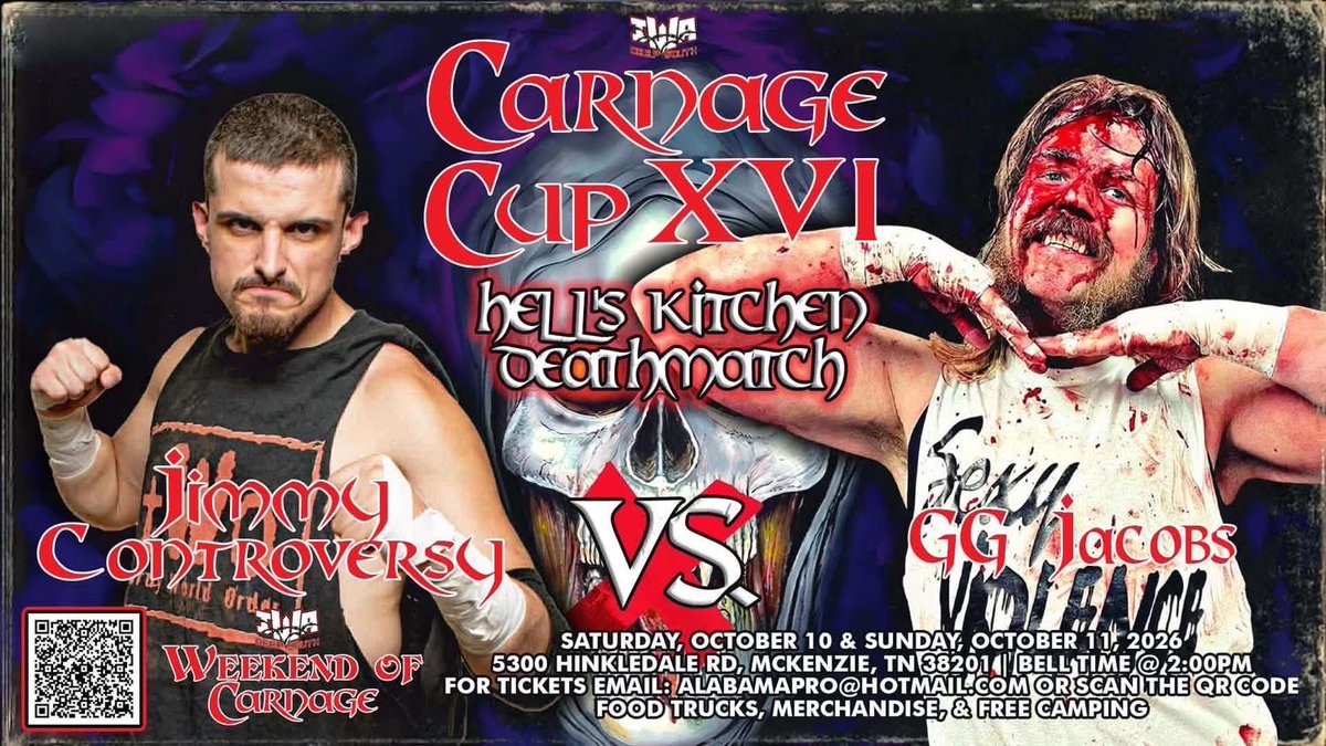 turdyWorldorder's tweet photo. 🚨 CARNAGE CUP XVI — FIRST ROUND 🚨

Jimmy Controversy 🆚 GG Jacobs
💀 HELL’S KITCHEN DEATHMATCH 💀

Jimmy enters his 4th Carnage Cup with his golden toilet seat & tWo manager NIKOLAI CASH!

GG Jacobs enters his first, riding huge momentum and looking to take down tWo!

🔥 Fork boards
🔥 Hot coals
🔥 Skewers
🔥 Mouse traps
🔥 50-LB BAG OF SALT
…and MORE!

📅 Oct. 10-11, 2026
📍 McKenzie, TN

🎟️ https://t.co/02zQIdxxBT

#iwadeepsouth #carnagecup #deathmatch #prowrestling #ultraviolence #tWo #TurdyWorldOrder
