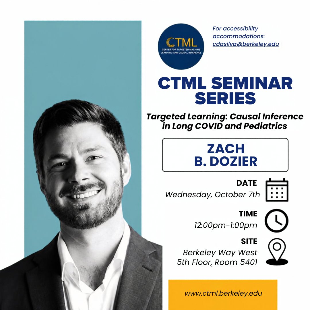 BerkeleyCTML's tweet photo. Hear from a leading expert in the field! Join us on Wednesday, October 7th for a seminar with Zachary B. Dozier: "Targeted Learning: Causal Inference in Long COVID and Pediatrics." The seminar will take place at 12:00 PM in Berkeley Way West, 5th Floor, Room 5401. https://t.co/qTE4Rlgyqs