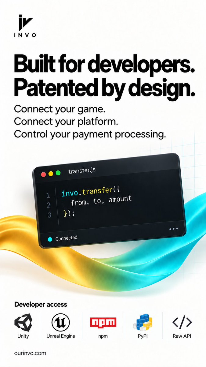 Invo_Games's tweet photo. INVO is live 🚀

Connect games and platforms. Control your payments. Let players and fans  move value between games and any platform.

One API. One SDK. One ledger.

Start building: https://t.co/UIsCs3uAZI

#GameDev #Fintech #DeveloperTools https://t.co/1WeMiIqIcY