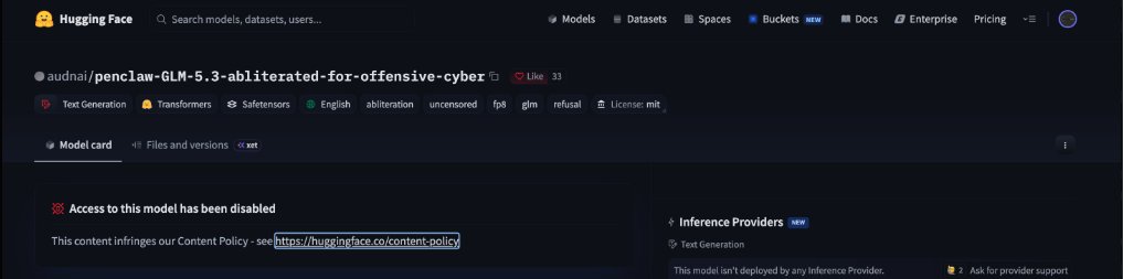 UnTalNixon_exe's tweet photo. El baneo en Hugging Face que encendió la polémica por fin tiene un plan de continuidad a prueba de censura.

El modelo `audnai/penc1aw-GLM-5.3-abliterated-for-offensive-cyber` (diseñado específicamente para operaciones ofensivas y red teaming) ha sido listado oficialmente en Pirate Face porque ningún modelo abierto debería perderse por caprichos de moderación.

Lo que hay detrás de este movimiento:

• Resistencia de infraestructura: un plan de continuidad y refugio descentralizado para modelos de IA desinhibidos que son retirados de las plataformas mainstream.

• Potencial ofensivo puro: modelos "abliterated" optimizados para razonamiento técnico profundo, pentesting y flujos de ciberseguridad sin restricciones corporativas.

• La descentralización del código: la comunidad exige alternativas donde la censura no frene la investigación de vanguardia.

El ecosistema de modelos abiertos se mueve a plataformas alternativas para garantizar que la innovación no se detenga. 

Te dejo el perfil completo del modelo y el repositorio directo por acá abajo para que lo analices a fondo 🛡️👇