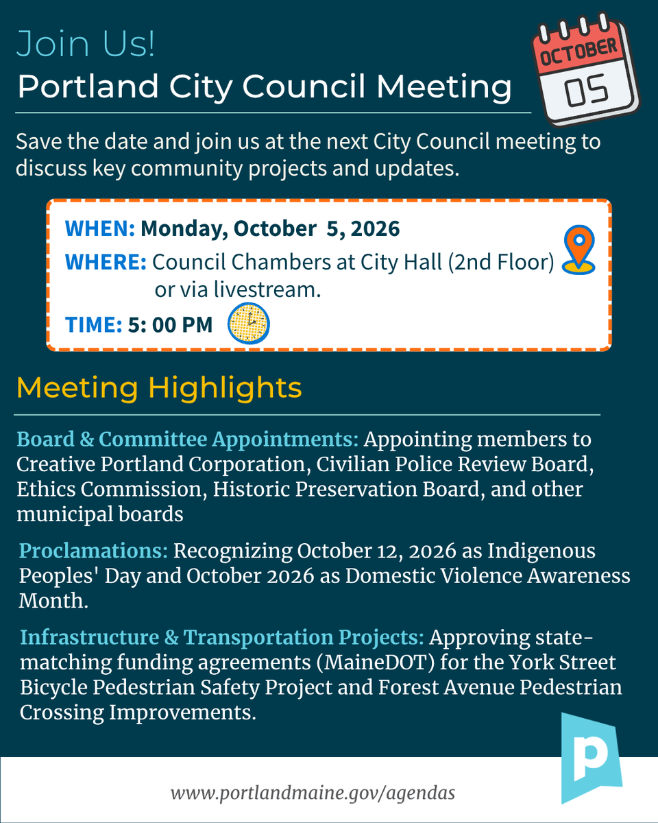 CityPortland's tweet photo. Join us at the next City Council meeting Monday, October 2 at 5 PM to discuss key community projects and updates! Visit https://t.co/dZadHSSKtn to read the full agenda. #PortlandMaine https://t.co/jBtuylGQ3h