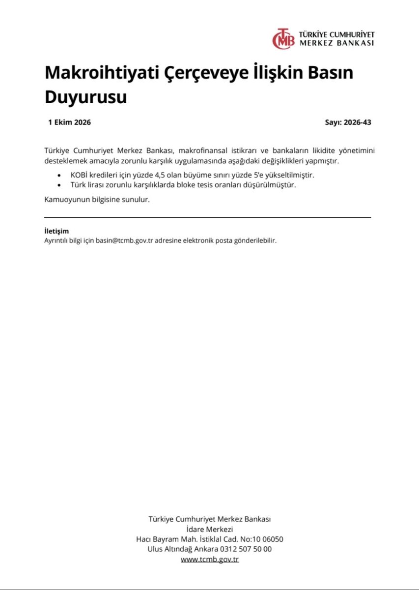 iriscibrelos's tweet photo. TCMB'den makro ihtiyati tedbir geldi;

Kobi kredilerinde 4.5% olan büyüme sınırı 5%'e yükseltildi.
Ayrıca,
TL zorunlu karşılıklarda bloke tesis oranları düşürüldü; bu, bankaların Merkez Bankası'nda bloke tutmak zorunda olduğu TL tutarının azalması, dolayısıyla serbest kalan likiditenin artması anlamına geliyor. (oranı daha bilmiyoruz) 
İki adım da kredi ve likidite koşullarında sınırlı bir gevşemeye işaret ediyor.

Bonus bilgi;

Bilanço aktif büyüklüğüne göre tutulacak bloke oranı;
500 MLR TL’nin üzerinde olan bankalarda 40%'tan, 35%’e,

100–500 MLR TL arası bankaların 30%' dan 15%'e indirildi.

Bu aksiyon, son olaylar dolayısıyla, likidite sıkışıklığının butik bankalarda yoğunlaştığına işaret ediyor. 

Bu ortamda, kesinlikle olması gerekendi!

------
2 gün önce şu satırları yazmıştım👇

"Fakat, ana etken faiz değil;
Ana etken, sert yavaşlayan para arzı hızı. Yani, kredi kanalları tıkalı

Faiz inse de, kredi darsa, finansmana da ulaşamazsın.

Dolayısıyla, kur artış hızını yavaşlatmadan ve faiz indirmeden sunulabilecek en iyi çözüm, seçici-hedefli (gerçek ihtiyacı olanın ulaşabileceği) ve maliyeti görece düşük kredi.

Piyasanın rahatlamaya ihtiyacı var..."